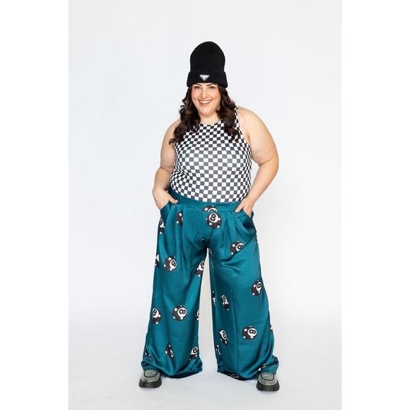 WKND CHASERS Chalk it Up 8 Ball Pants Wide Leg Palazzo Pants Teal Green Size 2XL - Picture 3 of 9